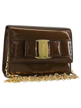 Authentic Salvatore Ferragamo Vala Chain Bag Patent leather Bronze Gold